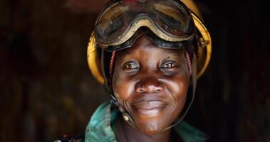 Smiling African woman miner in mining uniform.Generated image photo