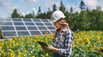 Beautiful female engineer wearing a white helmet and glasses monitoring solar panels on a tablet.Generated image photo