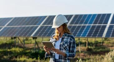 Beautiful female engineer wearing a white helmet and glasses monitoring solar panels on a tablet.Generated image photo
