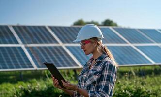 Beautiful female engineer wearing a white helmet and glasses monitoring solar panels on a tablet.Generated image photo