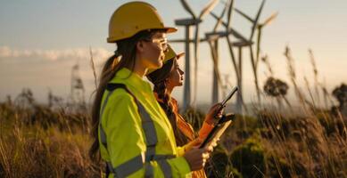 Female engineers using tablets to monitor and manage wind turbine operations on site.Generated image photo