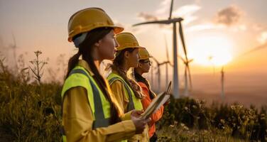 Female engineers using tablets to monitor and manage wind turbine operations on site.Generated image photo