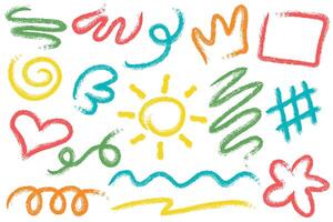 Crayon pencil color scribbles and lines. Chalk texture hand drawn strokes. Doodle marks. Kids squiggle sketch shapes heart flower and crown elements set. Rough grunge effect. vector
