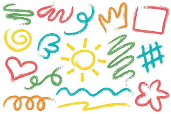 Crayon pencil color scribbles and lines. Chalk texture hand drawn strokes. Doodle marks. Kids squiggle sketch shapes heart flower and crown elements set. Rough grunge effect.