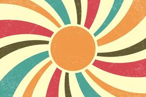 Retro sun background. Summer poster. Abstract vintage radial rays. 70s groovy design with grunge texture. Old style color wallpaper. Festive modern banner vector