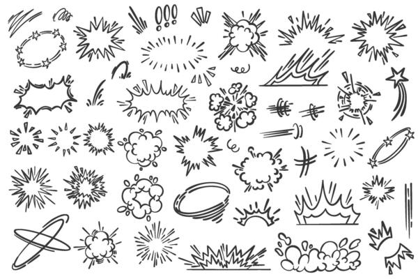 Cartoon lines effects and sparks. Comic doodle hand drawn splashes burst and explosion elements. Boom and bang motion sketch.
