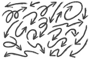 Arrow crayon hand drawn sketch. Pencil and chalk scribbles. Doodle charcoal textured grunge elements set. Curve swirl and spiral black marks on white background. vector