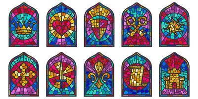 Church glass windows. Gothic arch frame with medieval symbols. Vintage architecture elements. Stained color mosaic decoration set with crown, heart, shield and sword vector