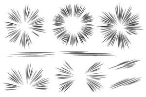 Manga speed lines effect. Comic motion elements. Action graphic flash burst and explosive boom isolated on white background. Abstract graphic illustration. vector