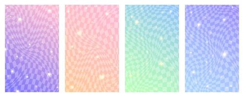 Checkered gradient background with stars. Set of pastel holographic kawaii backdrops. Abstract purple squared wallpapers for design. vector