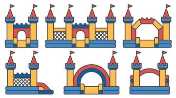 Bouncy castle color icons set. Inflatable house pictograms with slide for air trampoline park and children playground for jumping. Inflated equipment for amusement park and kids zone. vector