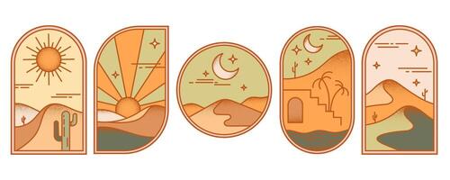 Desert boho logo with sun and mountains. Abstract bohemian illustration with moon cactus and minimal landscape. Arch and windows shapes set. Design elements for poster and decoration vector