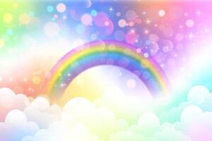 Rainbow unicorn cute colors background. Magic cloudy sky with stars and bokeh. Holographic abstract gradient with fairy glitter. Heaven galaxy fluffy landscape with sparkles vector