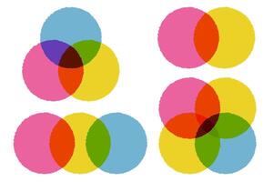 Venn diagrams. Circle intersection for infographic. 2, 3 and four graph template. Graphic design for business. Risograph maths objects. Circular schema and logic process illustration. vector