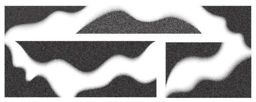 Dotted corners. Noise gradient fade stipple effect. Halftone grunge gradation shadow. Gritty grain borders. Black wavy shapes set vector