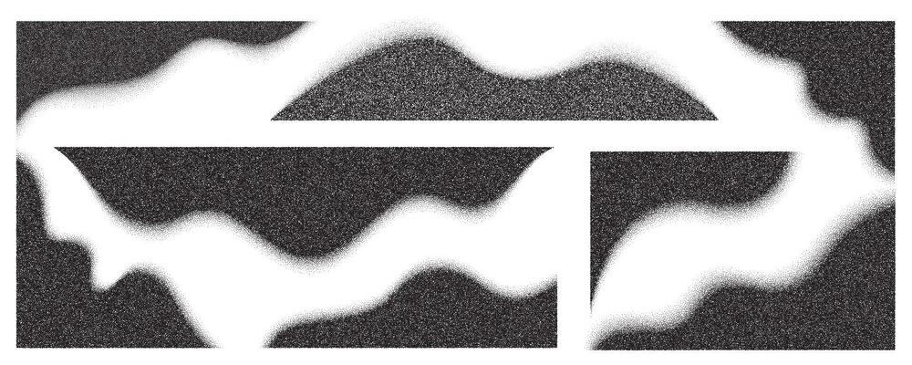 Dotted corners. Noise gradient fade stipple effect. Halftone grunge gradation shadow. Gritty grain borders. Black wavy shapes set