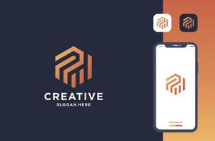 p with insights logo design in hexagon shape vector
