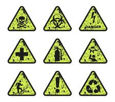 Warning sign icon. Set of aged triangular bright yellow warning signs. vector