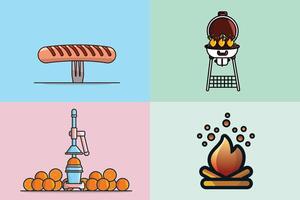 Collection of BBQ drill with burning fire and Manual Juice Squeezer with Oranges illustration. vector