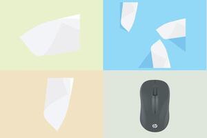 Collection of Mouse with Mockup blank white paper page A4 size with shadow logo icon. White paper page A4 size. A3 size paper mock-up logo. vector