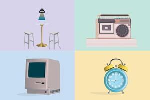 Collection of Tv with Radio cassette, table and clock illustration design. vector
