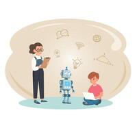 Students are learning about artificial intelligence robots. vector