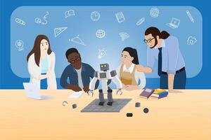 Students are learning about artificial intelligence robots. vector