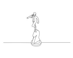 Continuous single one businessman looking through a telescope on a chess horse. Business growth strategy concept. Design illustration vector