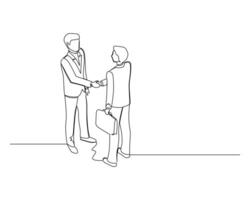 Continuous single one businessman shaking hands with another businessman who is carrying a suitcase. Business growth strategy concept design illustration vector