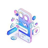 Social Network Interface concept. Social Media engagement posts concept. Isometric glamorous illustration in different dimensions vector