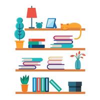 Flat bookshelves. Shelf book in room library, reading book office shelf wall interior study school bookcase and bookshelf background. vector