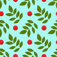 Seamless colorful autumn pattern with rowan berries and green leaves. Floral rowan illustration for print. vector