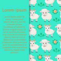 Seamless pattern with stylized farm animals and flowers. background with goat and sheep. vector