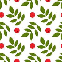 Seamless colorful autumn pattern with rowan berries and green leaves. Floral rowan illustration for print. vector