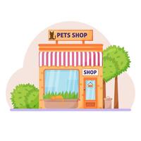 Facade pets or zoo store. Signboard with emblem cat, awning and symbol in windows. Concept front shop for design banner or brochure. flat design. vector