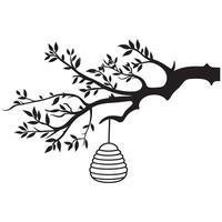Bee Clipart - beehive hanging on a tree branch illustration in black and white vector