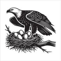 Bald Eagle Silhouette - Eagle Logo - Bald Eagle sitting on branch illustration in black and white vector