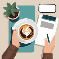 Top view with copy space of white working table with lnote book, pencil, smartphone, cup of coffee and eye glasses. work space concept vector