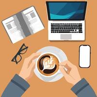 Top view with copy space of white working table with lnote book, pencil, smartphone, cup of coffee and eye glasses. work space concept vector