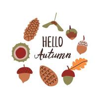 Autumn hand drawn lettering hello autumn. Fall season handwritten slogan. Autumn phrase with cute cozy design elements isolate on white background. vector