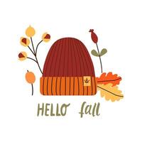 Autumn hand drawn lettering hello fall. Fall season handwritten slogan. Autumn phrase with cute cozy design elements isolate on white . vector