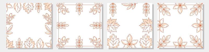 Set of autumn square cards, fall postcard with maple, oak, chestnut, rowan, aspen leaves, rosehip border frame. Isolated background, space for text. Collection for banner, poster, social media vector