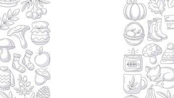 Autumn horizontal banner or background with copy space for text. Minimalist monochrome side border frame with fall seasonal cozy elements, food, clothes, mushrooms, animals. For poster, flyer, card vector