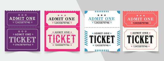 Ticket design template. Ticket for event or program access. Collection of colorful tickets with place for text vector