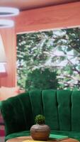 Vertical Cozy empty room with elegant green furniture and natural light with panoramic windows that offer a scenic view of the forest. Modern home decor, comfortable and stylish with an open floor plan. video