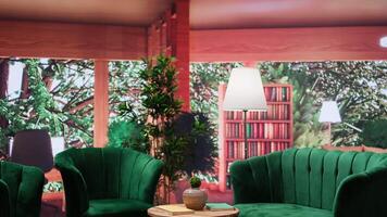 Modern empty apartment with green chairs and cozy wooden table, natural light hitting from panoramic windows. Elegant home decor and forest view. Scandinavian design rural charm. video