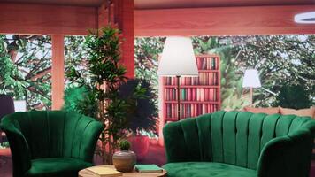 Stylish empty lounge area with elegant green furniture and wooden table. Natural light fills the space, creating a cozy atmosphere. Panoramic view of trees, rural lifestyle with cute design. video