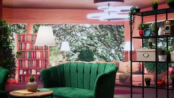 Modern empty home interior featuring green chairs and cozy wooden table, natural light. Panoramic view of the forest and contemporary design create a comfortable atmosphere in the cottage. video