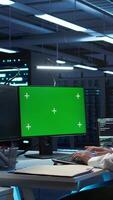 Vertical Programmer overseeing data center using isolated screen computer, ensuring system can handle networking tasks. IT expert in server room tracking network traffic with chroma key PC, camera B video