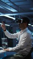 verticale dati centro Admin responsabile per installazione di networking sistemi indossare alto Tech vr cuffia. esso lavoratore fare Manutenzione su server azienda agricola Ingranaggio utilizzando virtuale la realtà tecnologia, telecamera B video